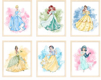Disney Princess Wall Art Prints, Cinderella, Rapunzel, Ariel, Belle, Tiana, Jasmine, Aurora, Snow White, Unframed, Set of 8 Prints, 8x10"