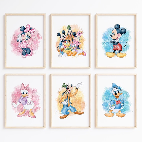 Nistio™ Mickey Mouse and Friends Watercolor Prints: Mickey, Donald Duck, Minnie, Goofy, Pluto, Kids Room Wall Art (Unframed, Set of 6)