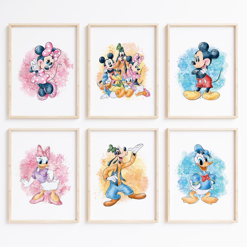 May include: Six framed prints featuring Disney characters. Minnie Mouse, Mickey Mouse, Donald Duck, Daisy Duck, and Goofy are depicted in colorful watercolor style. Each character is set against a vibrant, abstract background, with a wooden frame.