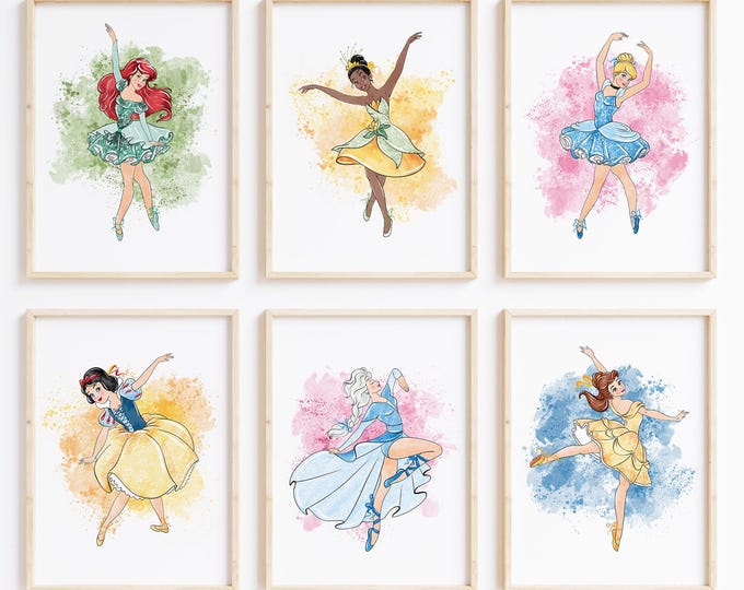 Nistio™ Princess Prints Set: Elsa, Cinderella, Tiana, Ariel, Snow White, Girls Bedroom Ballerina Decor (Set of 8)