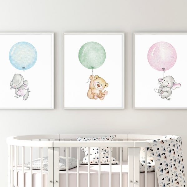 Watercolor Animals with Balloons, Nursery Wall Art, Teddy Bear, Baby Elephant, Baby Decor, New Baby Gift, Nursery Prints, Nursery Decor