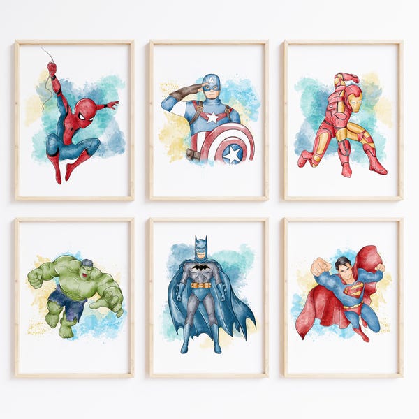 Nistio™ Superhero Prints Set: Kids' Room Decor, Avengers Art (Unframed, Set of 6)