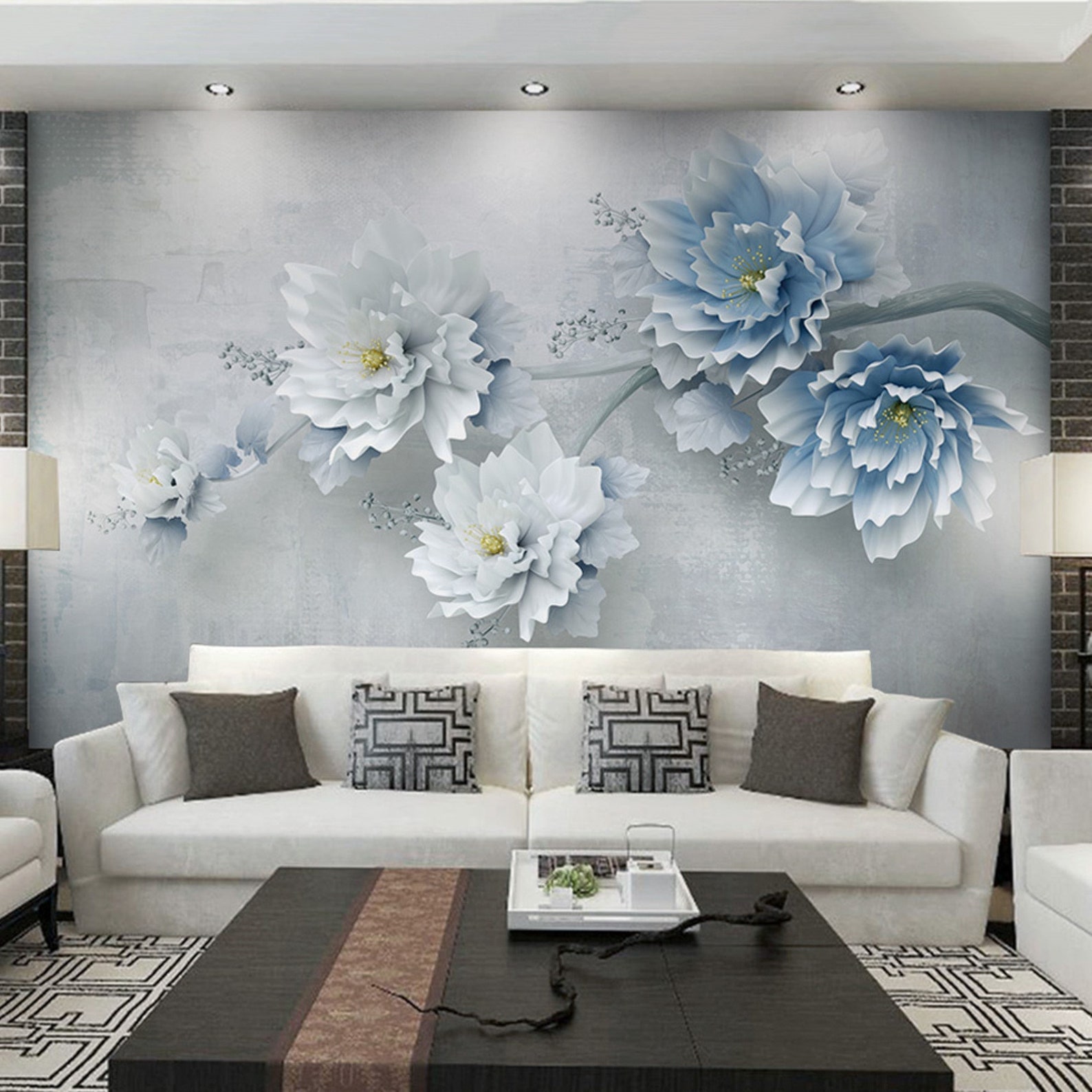 Big Blue Flowers Wallpaper With 3D Effect Wallpaper Wall Etsy