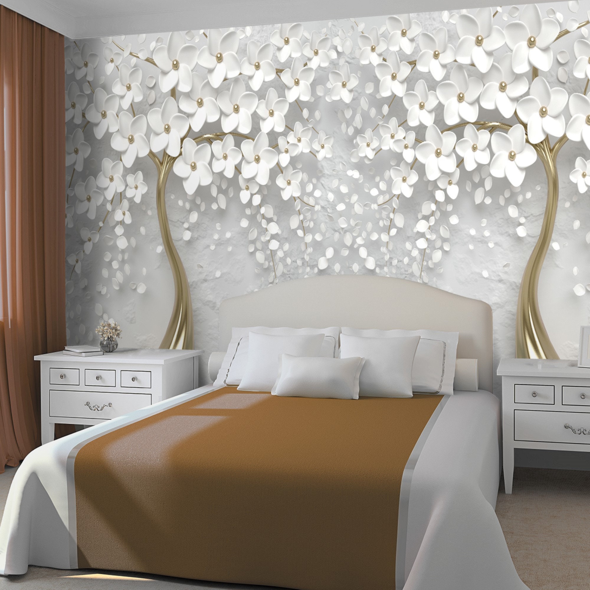 Custom Wallpaper 3D Embossed White Flowers Tree Wallpaper Wall - Etsy