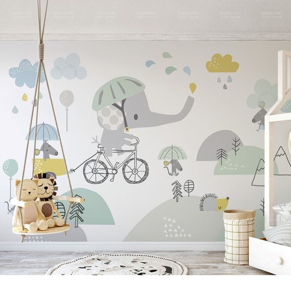 Cute Cartoon Elephant Kids Room Wallpaper Child Room Wallpaper Etsy