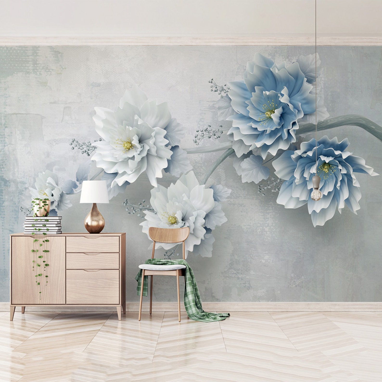 Big Blue Flowers Wallpaper With 3D Effect Wallpaper Wall Etsy
