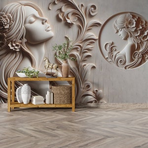 Relief Style Woman Silhouette Digital Print Wallpaper, Peel and Stick or Textured Wallpaper Material