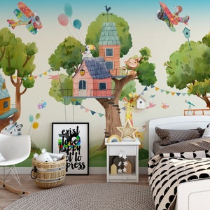Tree Houses and Cute Animals Kids Room Wallpaper.