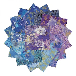 May include: A collection of fabric squares arranged in a starburst pattern. The fabric features floral and butterfly designs in shades of blue, purple, and white. The edges of the fabric are jagged, and the overall aesthetic is reminiscent of a quilt or craft project.