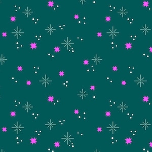May include: A teal background with a repeating pattern of white starbursts, small white dots, and bright pink star shapes. The design is simple and geometric, creating a modern and playful aesthetic. This pattern could be used for fabric, wallpaper, or other decorative items.