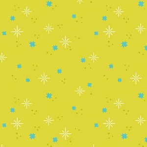 May include: A repeating pattern on a yellow-green background. The design features white starbursts and teal star shapes scattered across the surface. Small dots are also present, creating a retro, mid-century modern aesthetic.