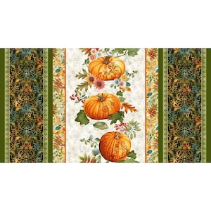 May include: A rectangular fabric panel featuring a central vertical column of three orange pumpkins surrounded by colorful autumn leaves, berries, and small flowers, flanked by two wide borders with an intricate dark brown and gold damask pattern.