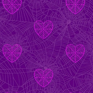 May include: A seamless pattern featuring a deep purple background with a repeating design of spiderwebs and heart-shaped webs in a vibrant pink color. The design is perfect for Halloween or Valentine's Day themed products.