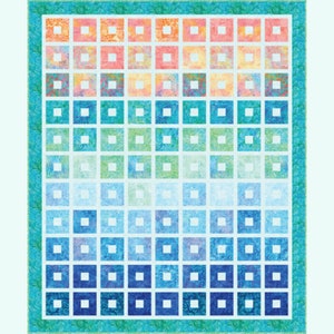 Puede incluir: Una colcha con un patrón degradado de cuadrados en tonos de rosa, naranja, amarillo, verde, azul y blanco. Los cuadrados están dispuestos en filas y columnas, creando un diseño geométrico.