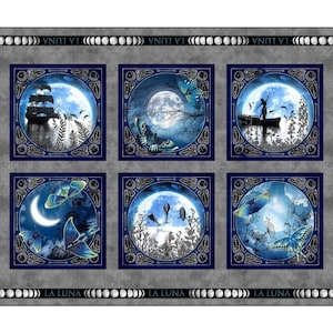 May include: A fabric panel featuring six square images with a celestial theme. Each image has a blue background with a full moon, butterflies, and other elements. The text "LA LUNA" is repeated along the top and bottom edges.