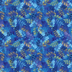 May include: A seamless pattern featuring a botanical design with blue, light blue, and yellow-green leaves on a deep blue background. The leaves are arranged in a repeating pattern, creating a textured and layered effect. The design has a watercolor-like appearance.
