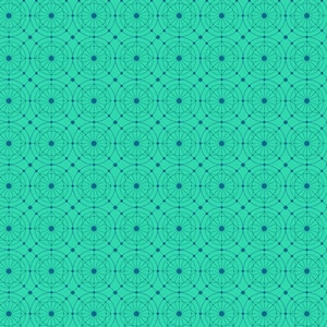 May include: A repeating pattern featuring teal and dark blue geometric shapes. The design consists of circles, lines, and dots arranged in a grid-like formation. The teal background provides a vibrant contrast to the darker blue elements.