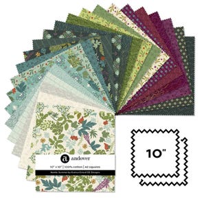 May include: A stack of 42 square fabric pieces with pinked edges, each measuring 10 inches by 10 inches. The collection features various floral and geometric patterns in shades of green, cream, teal, and deep purple, labeled as Nordic Summer.