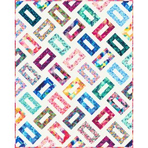 May include: A colorful quilt with a geometric pattern of overlapping squares. The squares are in shades of blue, green, pink, purple, and yellow. The background is white.