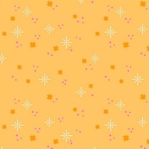 May include: A repeating pattern on a yellow background. The design features white starbursts, orange star shapes, and small clusters of pink dots. The overall aesthetic is retro and playful.