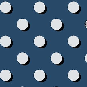 May include: A repeating pattern of large, white circles with dark shadows against a deep blue background. The circles are evenly spaced, creating a simple yet striking design. This pattern could be used for fabric, wallpaper, or other decorative applications.