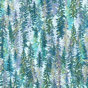 May include: A fabric pattern featuring a dense forest of stylized evergreen trees in shades of teal, blue, and purple. The trees are accented with gold-colored dots, creating a shimmering effect against a white background.