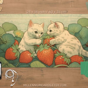 Cottagecore kitten Speelmat voor TCG | Voeg je tekstlogo enz. toe | gepersonaliseerde kat, aardbei-esthetiek Duurzame, aanpasbare TCG-speelmat