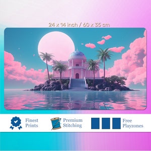 Fantasy Beach, Playmat de lua cheia, tapete de jogo TCG, acessórios de jogo vaporwave, tapete de jogo grosso | COM ou sem zonas de jogo