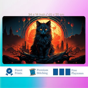Black cat Playmat for TCG personalized, dark kitten, anime digital cats play mat, Durable customizable TCG, cat lover