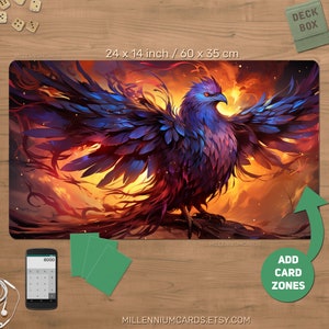 Fire phoenix Playmat pour TCG personnalisé, dark fantasy, tapis de jeu animé numérique vif, TCG personnalisable durable, jeux de cartes à collectionner