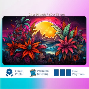 Plantas de fantasia, Playmat de lua cheia, tapete de jogo visual TCG, acessórios de jogo, tapete de jogo grosso | COM ou sem zonas de jogo