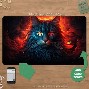 Dark cat Playmat for TCG personalized, red orange kitten, anime digital cats play mat, Durable customizable TCG, cat lover