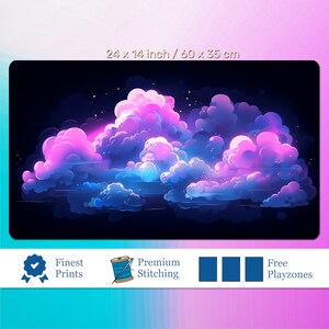 Playmat de nuvens de néon, tapete de jogo TCG, acessórios de jogo vaporwave, tapete de jogo grosso | COM ou sem zonas de jogo