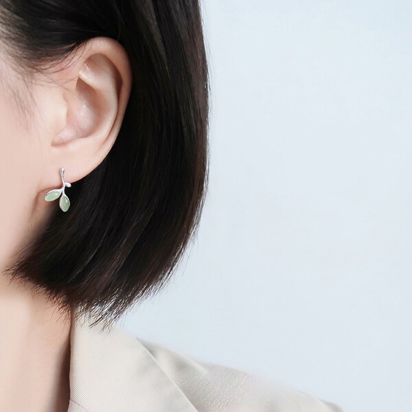 Asian Trending Earring, Stud 925 Silver Earring, Cymophane Green Earring, Leaf Dainty Earring, Cute Earring, Women Girl Wife Gift For Her