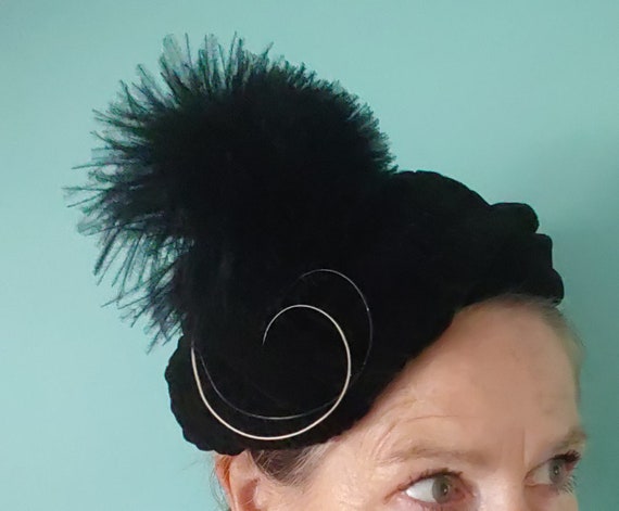 Black Velvet Hat, Vintage Hat, Velvet Tam, Black H