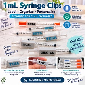 May include: A set of gray and blue plastic syringe clips designed for 1 mL syringes. The clips feature custom text labels including RETA, MOTSC, TESA, NAD+, GHK CU, BPC157, PEPTIDE, VITAMIN, and OTHER. These clips help organize and identify medication.