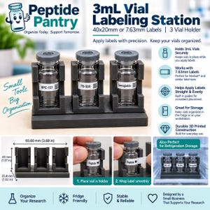 May include: A dark gray 3D printed vial labeling station with three slots for 3mL vials. The station measures 93.60mm by 40mm by 25.8mm. It includes text labels for BPC-157, TB-500, and Semaglutide, and demonstrates the process of applying labels to vials.