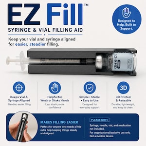 May include: A dark gray, rectangular 3D-printed syringe and vial filling aid labeled EZ Fill. The device features a central channel holding a clear plastic syringe and a small glass vial labeled GHK-CU 50MG. The image includes text describing the tool as a syringe and vial filling aid designed to keep components aligned for steadier filling, noting it is 3D printed, reusable, and not a medical device.