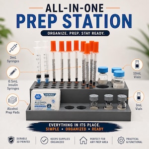 May include: A gray, tiered, 3D-printed prep station organizer holding various medical supplies. It contains 3mL syringes, 0.5mL insulin syringes with orange caps, 10mL vials with blue caps, 3mL vials, and a packet of sterile alcohol prep pads.