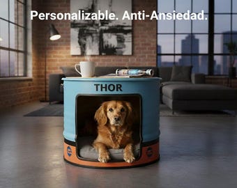 Caseta Cama de Perro Anti-Ansiedad y Mesa Auxiliar - Diseño Industrial Vintage GULF - Personalizable y Hecha a Mano