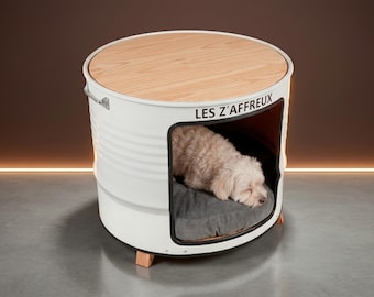 Caseta Cueva para Gatos y Perros Pequeños. Mesa Auxiliar Industrial 2 en 1. Mueble Anti-Ansiedad. Barril Metálico Reciclado. Personalizable.
