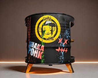 Mesa Shaka Ponk Barrel | Mesa Lateral Industrial Personalizada | Edição Rock & Roll Feita à Mão | Brinde Exclusivo Shaka Ponk
