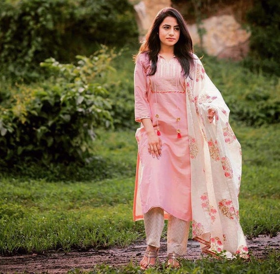 Indian Cotton Kurtis for women Kurta set Kurti with Palazzo and Dupatta Top  suit | eBay