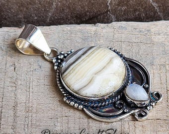 Zebra Calcite Moonstone Pendant, 925 Sterling Silver Necklace