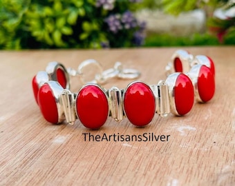 Pulsera de coral rojo / Joyería artesanal de plata de ley 925