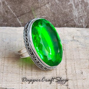 Peridot Oval Cut Solid 925 Sterling Silver Ring For Women, Handmade Silver Hammered Designer Band Ring For Wedding Anniversary Gifts