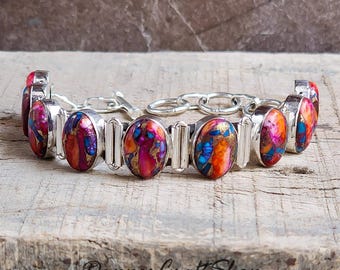 Pulsera de turquesa rosa ostra, plata de ley 925, cierre deslizante ajustable