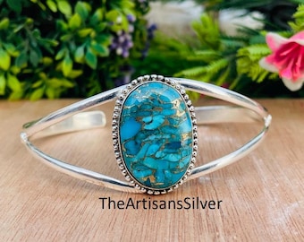 Brazalete de cobre azul y turquesa / Pulsera de plata de ley, joyería hecha a mano