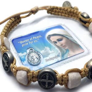 St Saint Benedict Medailles Rozenkrans Decennium Armband Stenen Kralen Verstelbaar Gebed Beige Zwart Bruin Touw Draad Koord van Medjugorje + Heilige Kaart