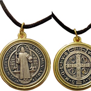 St Saint Benedict Silver Gold Tone Plated Pendant Medal 1.2 inc With Black Rope